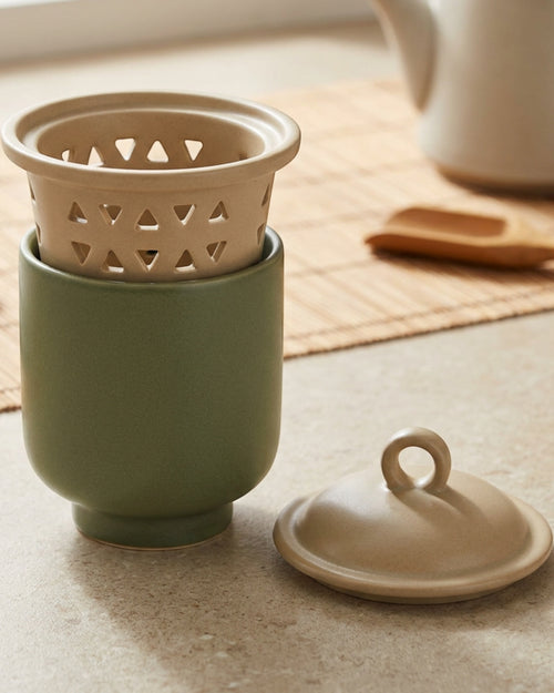 Ckdgb Footed Handleless Ceramic Tea Cup with Triangle Infuser and Lid Moss 11 oz - Lifestyle view