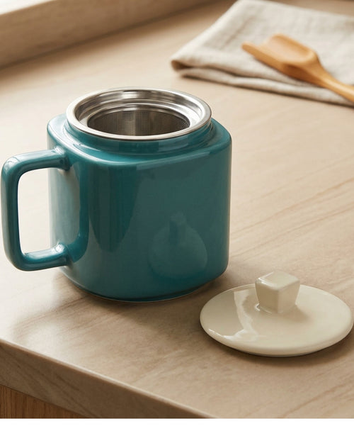 Ckdgb Square Shoulder Ceramic Tea Mug with Steel Infuser and Lid Teal 13 oz - Lifestyle view