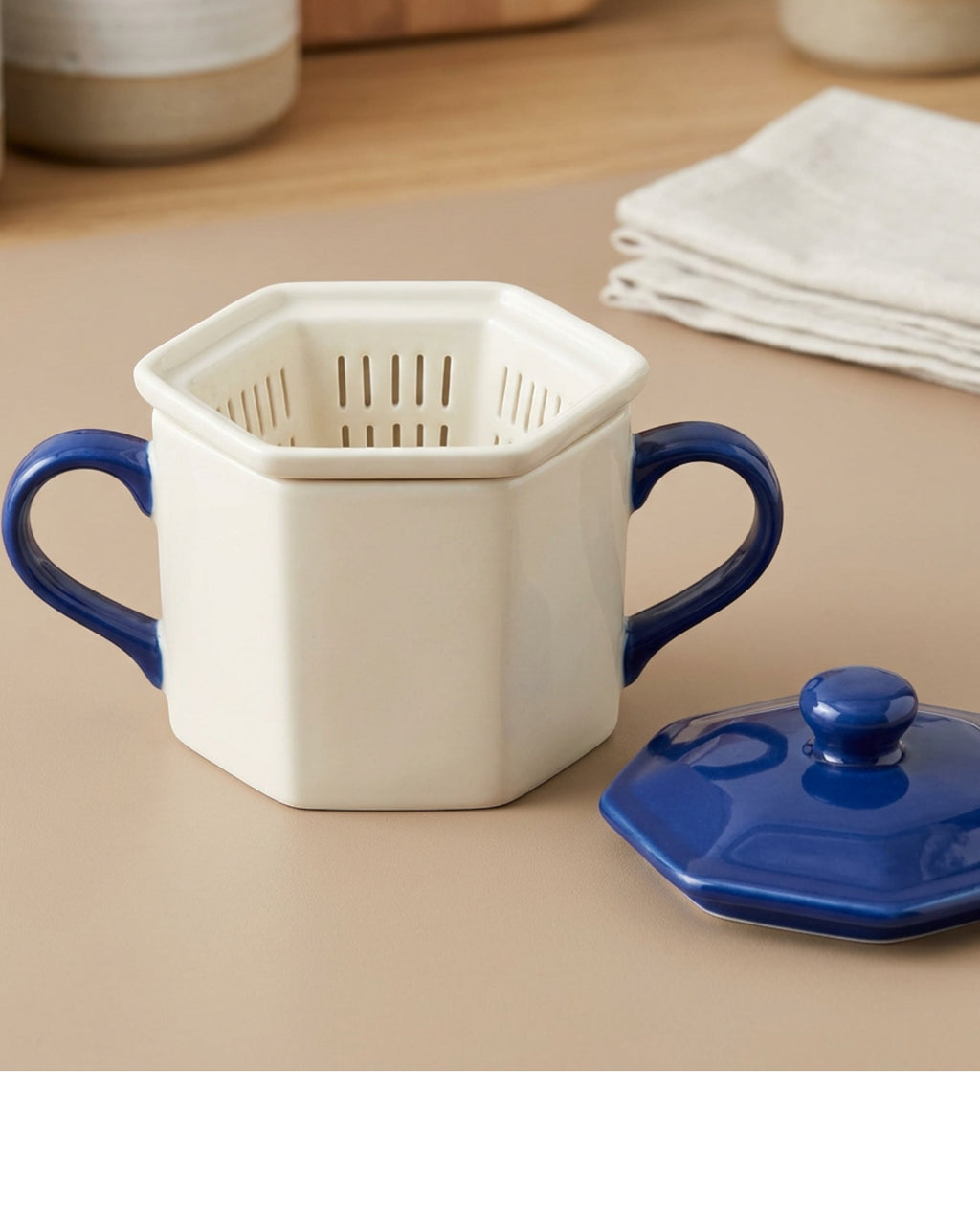 Ckdgb Twin Ear Hexagonal Ceramic Tea Cup with Slot Infuser and Lid Ivory 14 oz - Lifestyle view